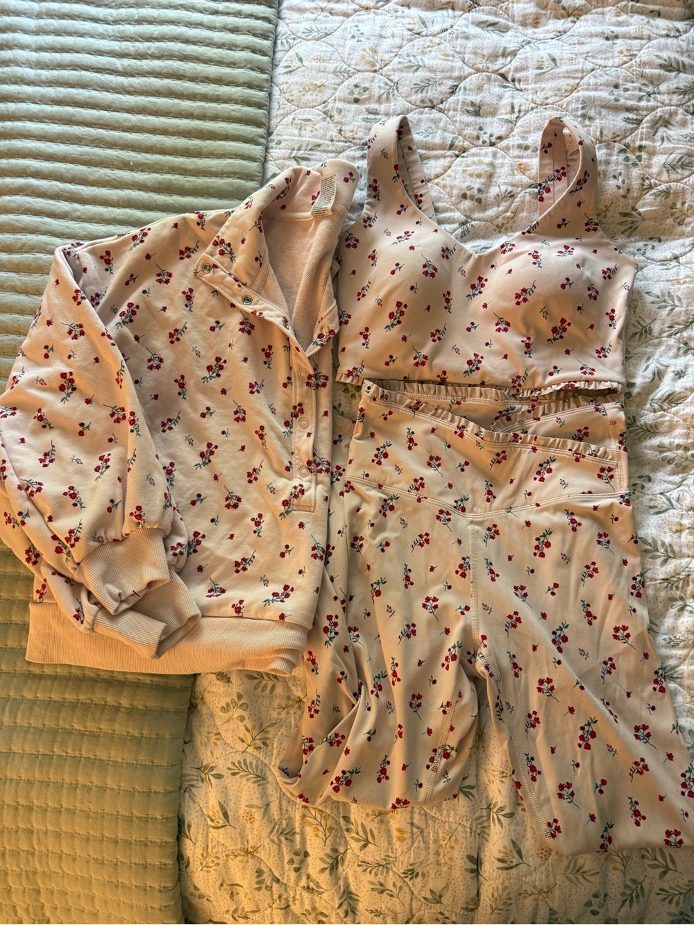 Back to School active set: light pink and floral pattern leggings, top, swtshrt